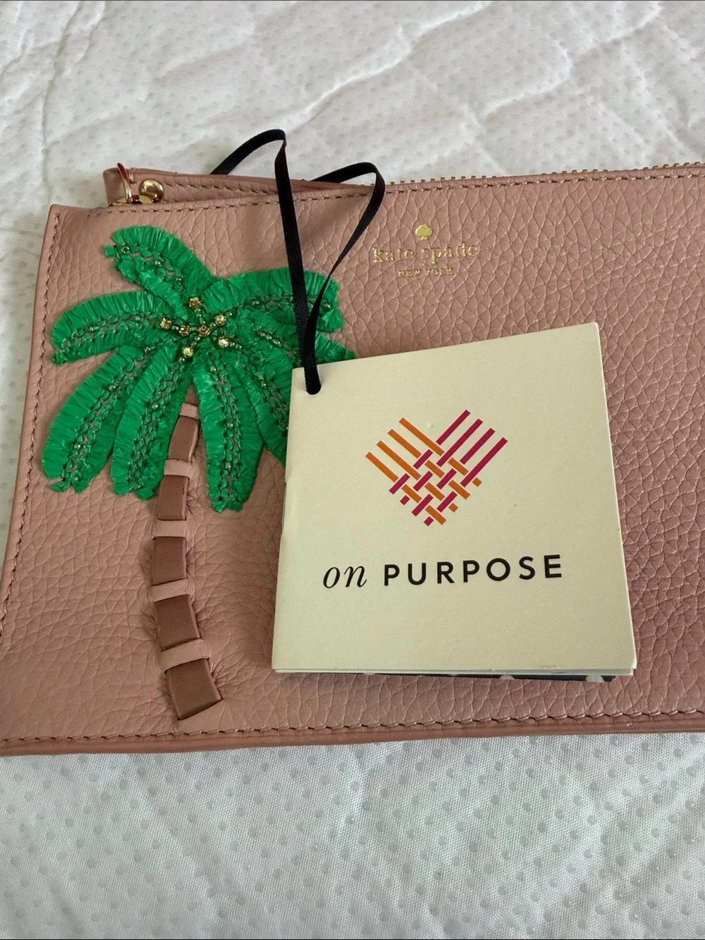 kate spade pink leather wristlet with green palm applique